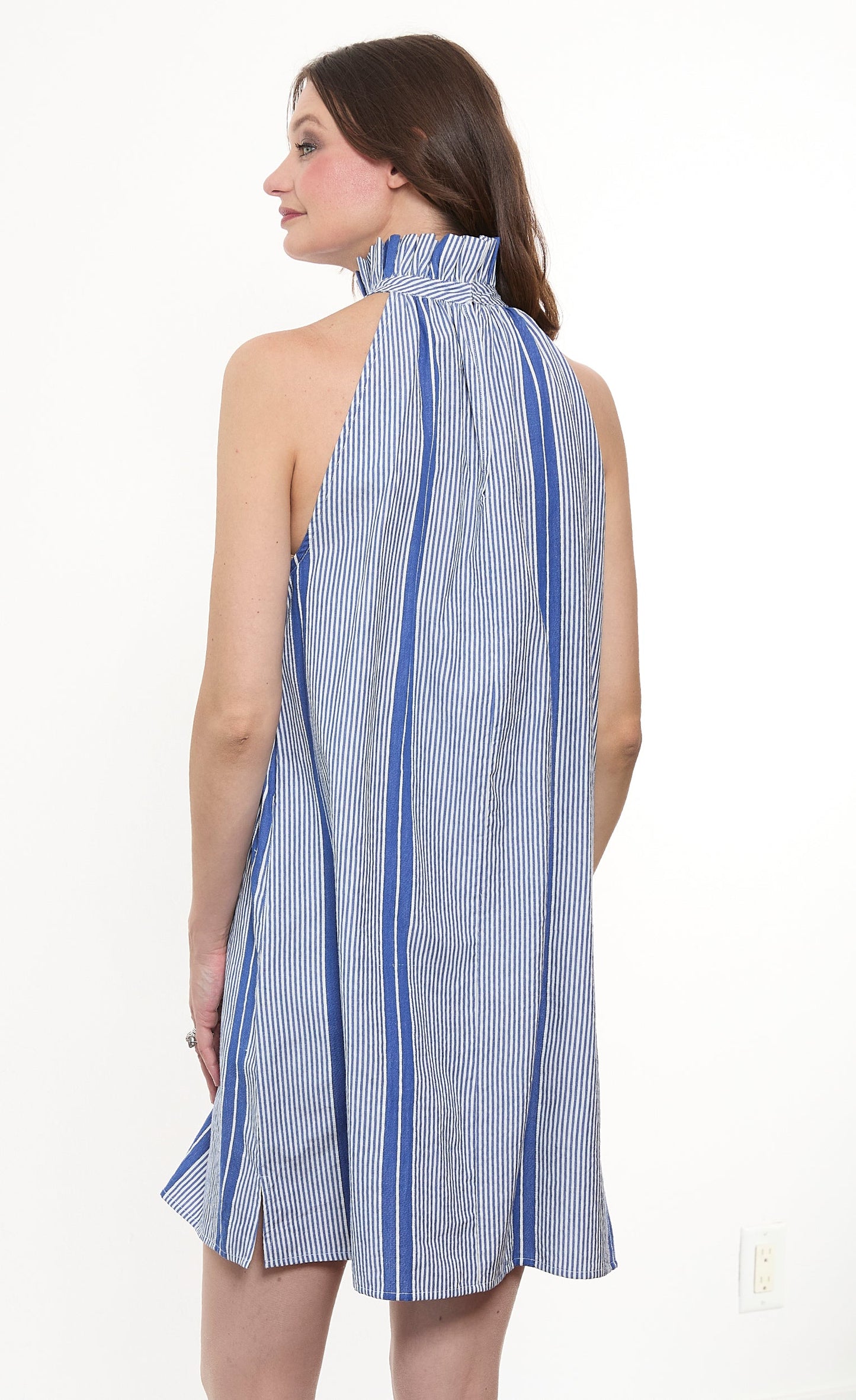 Gulf Coast Halter Dress Blue White Yarndyed Stripe in L view 4 - Gulf Coast Dress Code