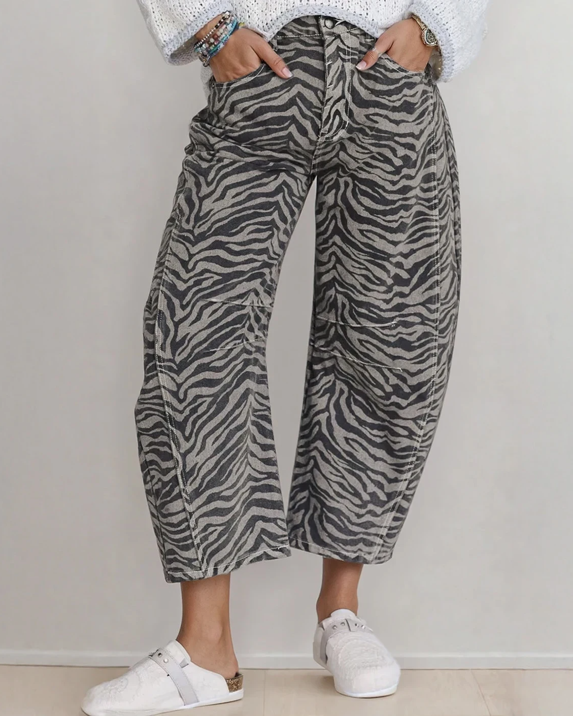 Hailey Zebra Stripe Printed Wide Leg Jeans Gray (bottom) - leg jeans, wide leg jeans - shop at us.meeeshop