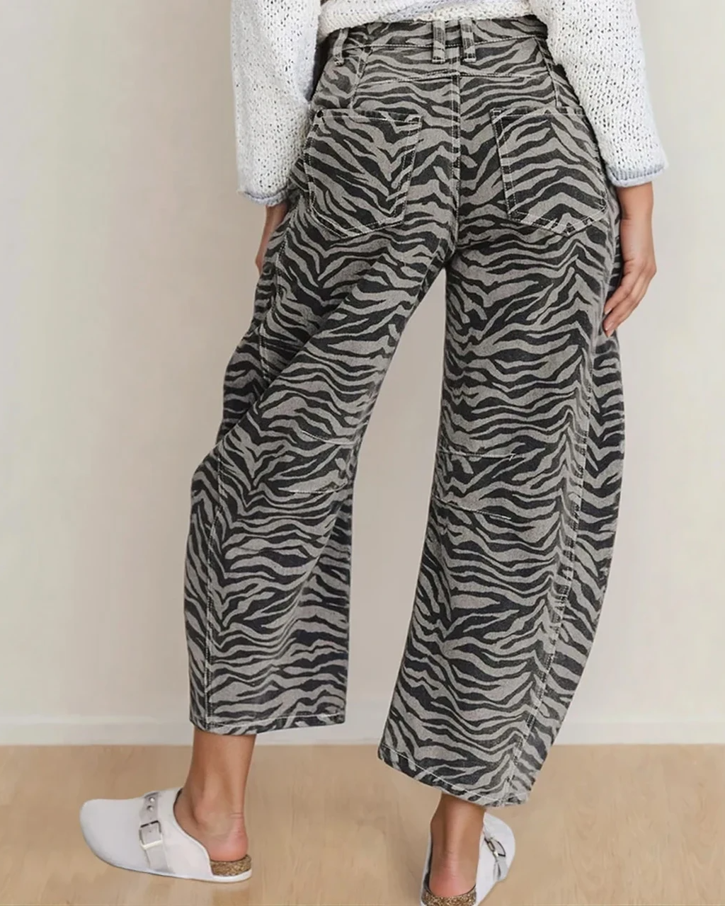 Hailey Zebra Stripe Printed Wide Leg Jeans Gray view 2 (bottom) - leg jeans, wide leg jeans - shop at us.meeeshop