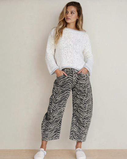 Hailey Zebra Stripe Printed Wide Leg Jeans Gray view 3 (bottom) - leg jeans, wide leg jeans - shop at us.meeeshop