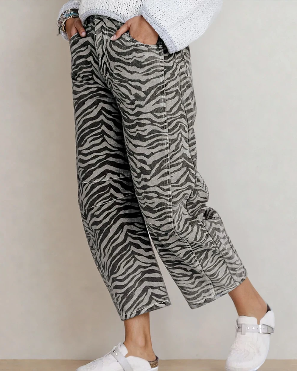 Hailey Zebra Stripe Printed Wide Leg Jeans Gray view 4 (bottom) - leg jeans, wide leg jeans - shop at us.meeeshop