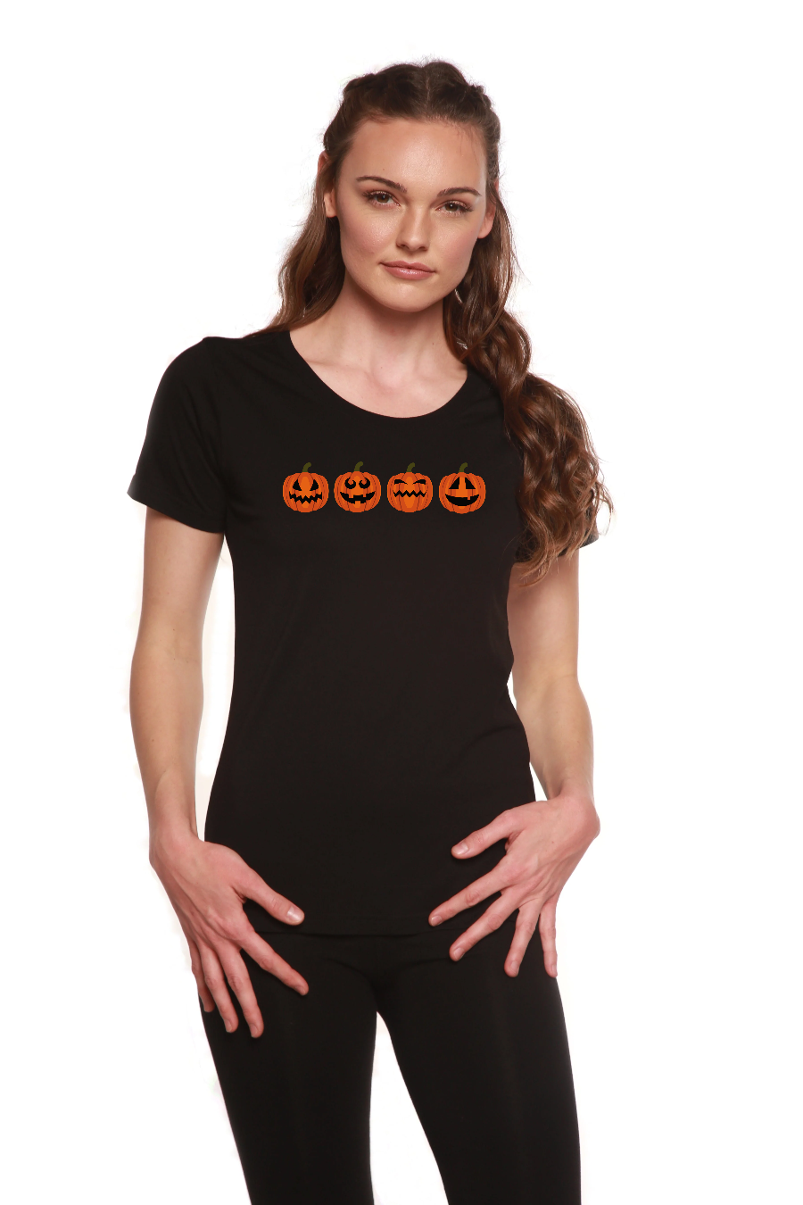 Halloween Pumpkins Women's Bamboo/cotton Short Sleeve Scoop Neck Printed T-shirt in Medium - Halloween Pumpkin Prints
