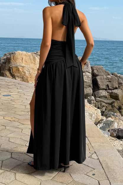 Halter Deep V Neck High Slit Ruched Maxi Dress in Wine view 4 - Halter Dress Deep V