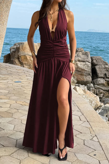 Halter Deep V Neck High Slit Ruched Maxi Dress in Black view 5 - Halter Dress Deep V