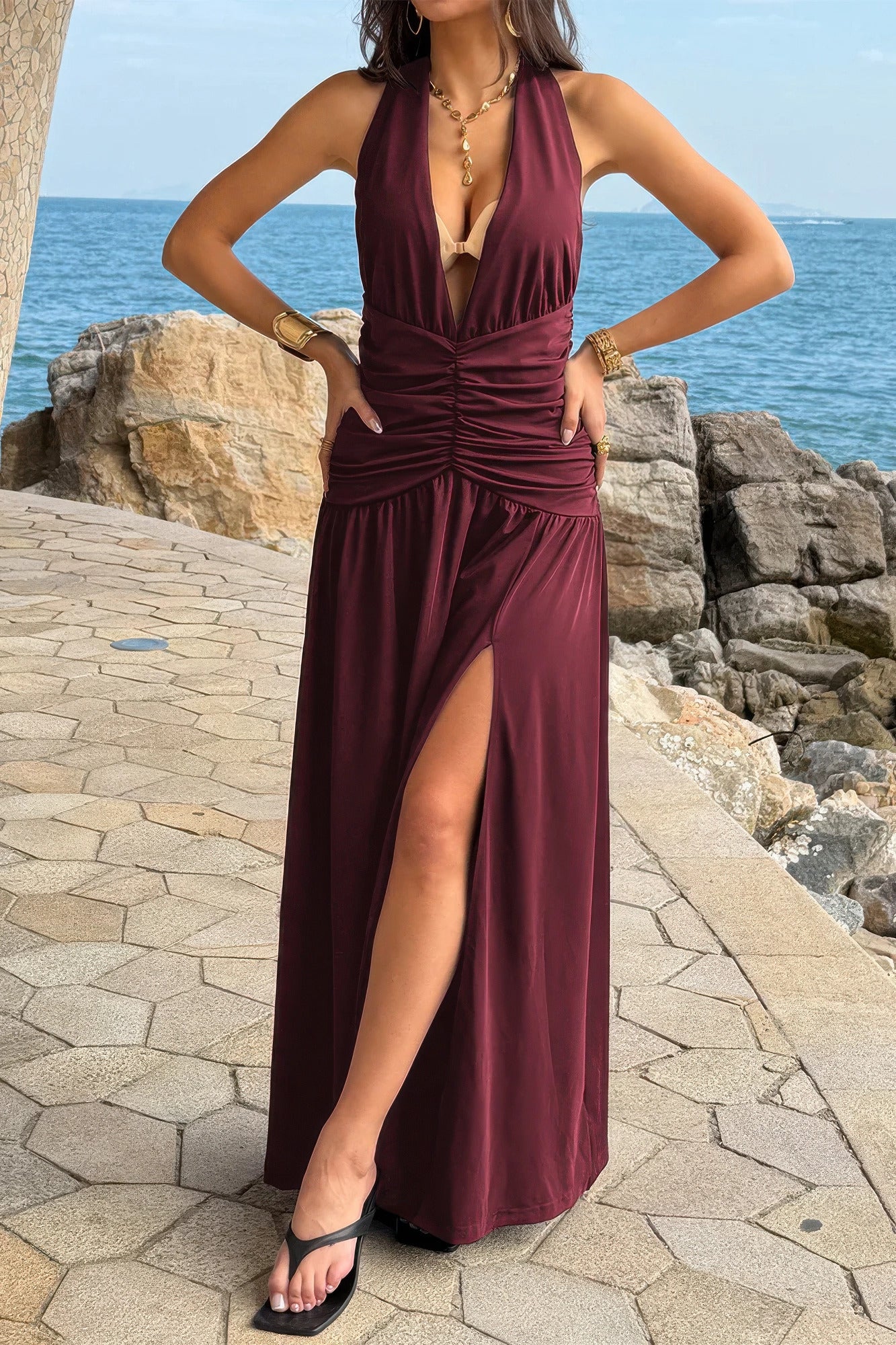 Halter Deep V Neck High Slit Ruched Maxi Dress in Black view 6 - Halter Dress Deep V