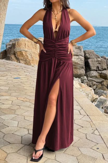 Halter Deep V Neck High Slit Ruched Maxi Dress in Black view 6 - Halter Dress Deep V