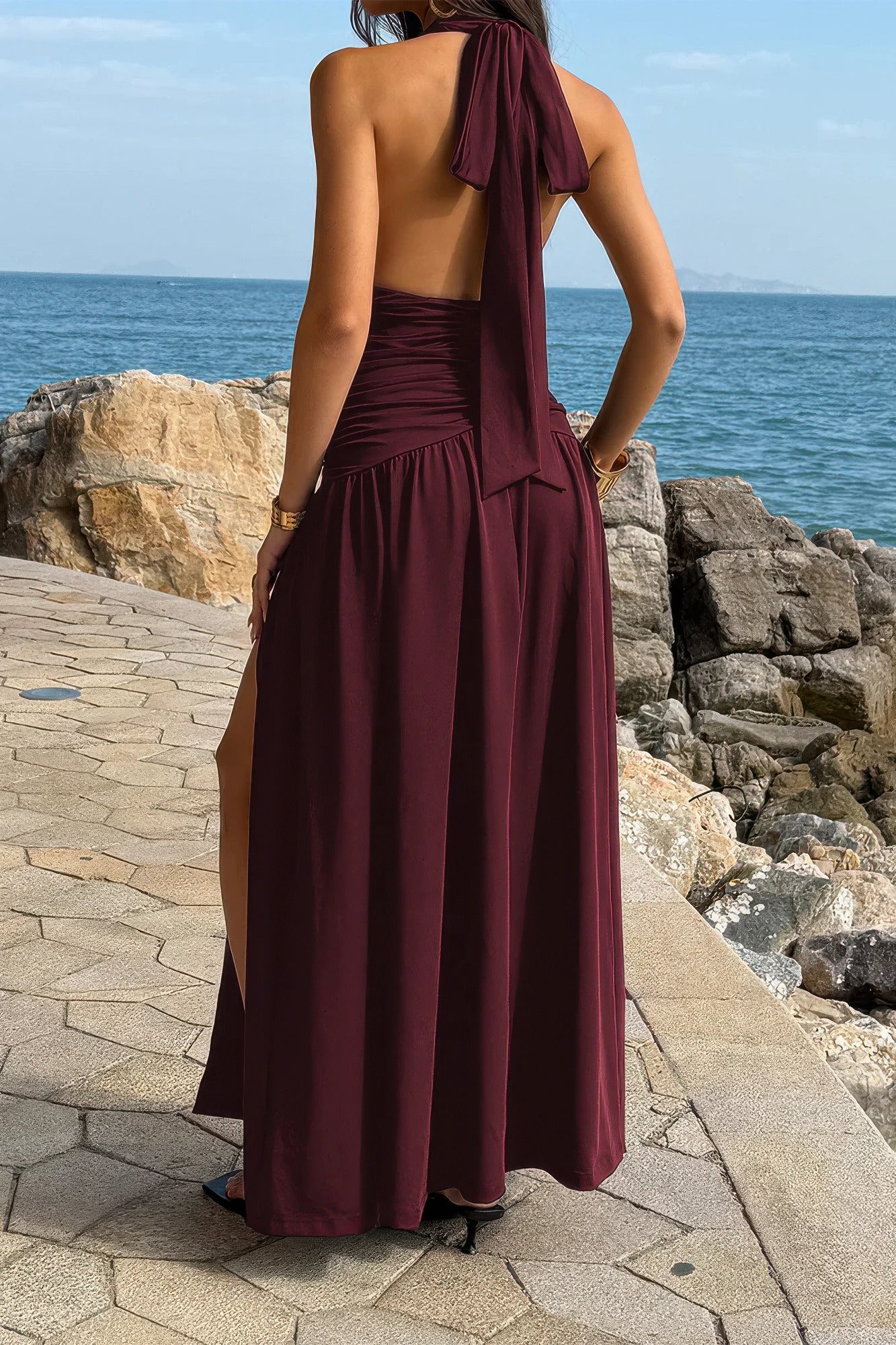 Halter Deep V Neck High Slit Ruched Maxi Dress in Black view 8 - Halter Dress Deep V
