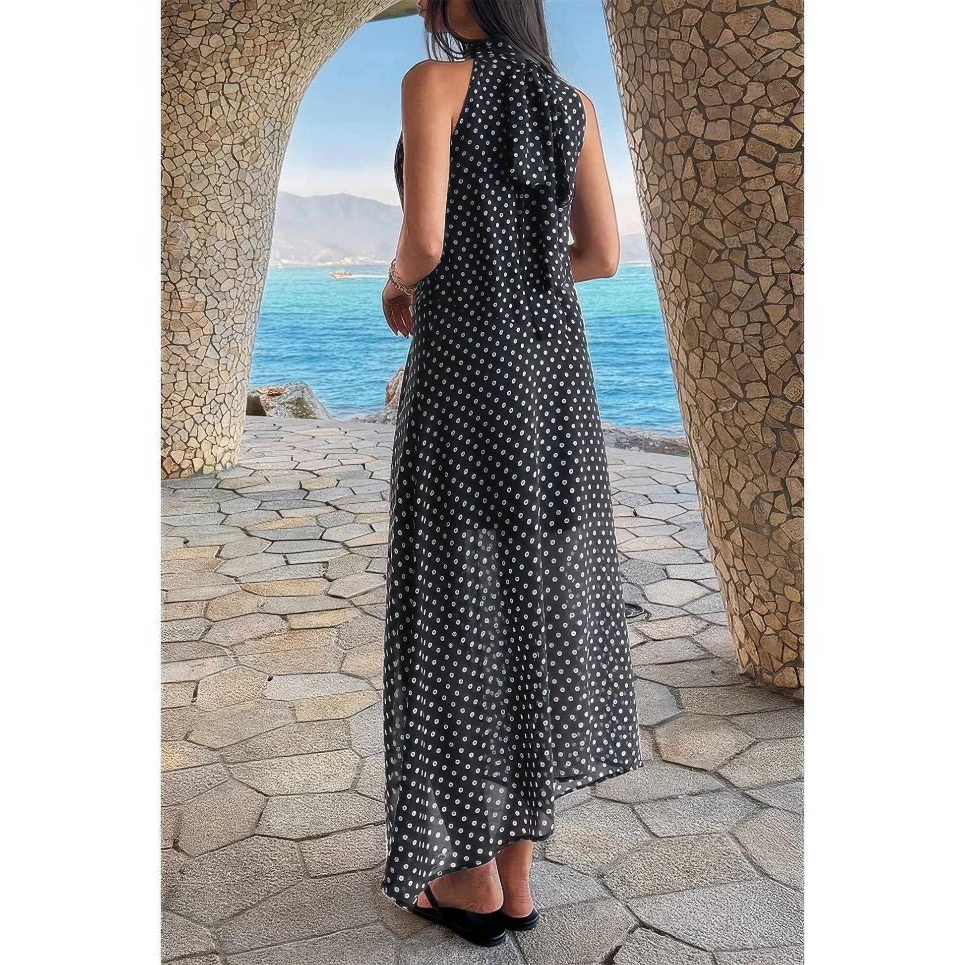 Halter Polka Dot Back Knot Tulle Dress in Black - Polo Halter Dress