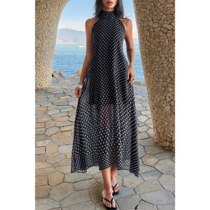 Halter Polka Dot Back Knot Tulle Dress in Black view 2 - Polo Halter Dress