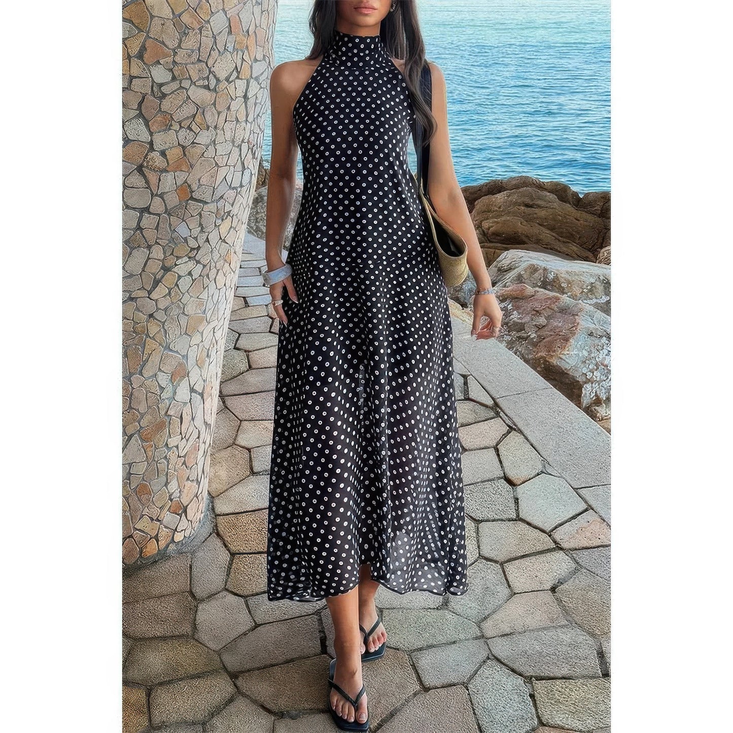 Halter Polka Dot Back Knot Tulle Dress in Black view 3 - Polo Halter Dress
