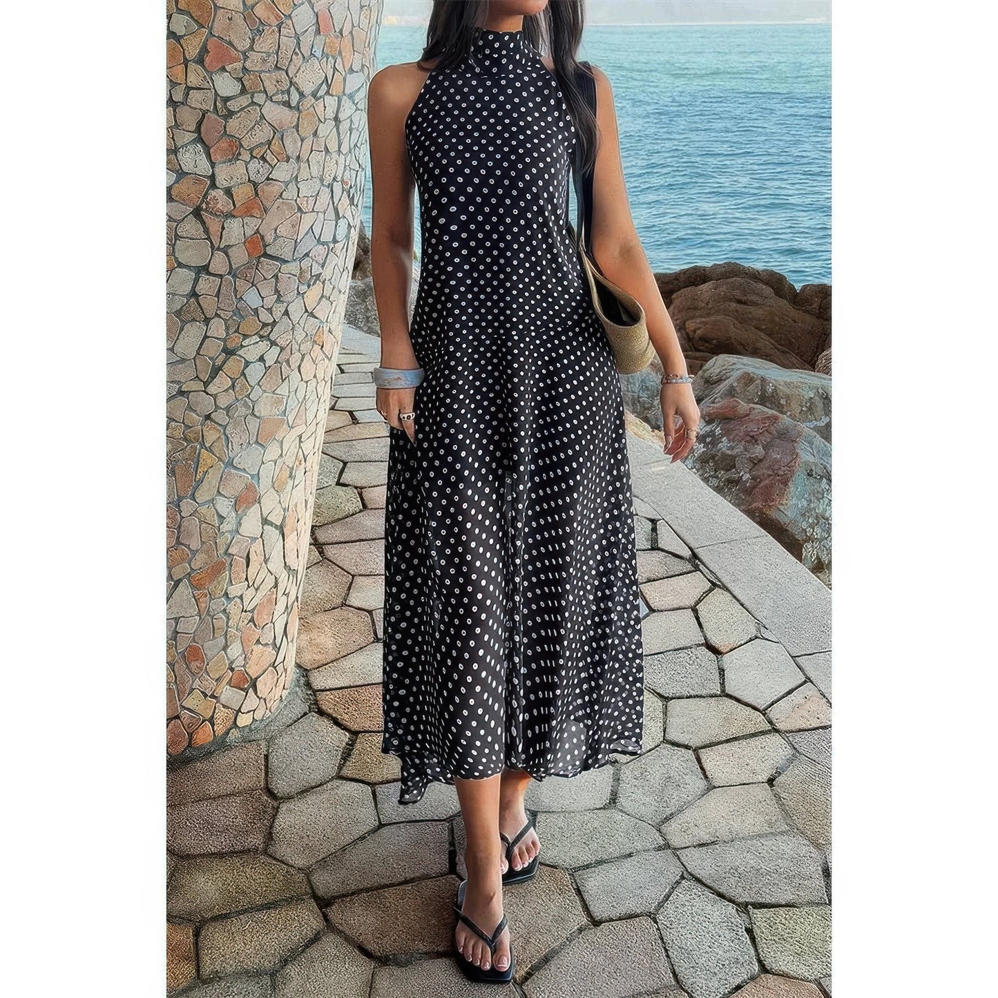 Halter Polka Dot Back Knot Tulle Dress in Black view 4 - Polo Halter Dress