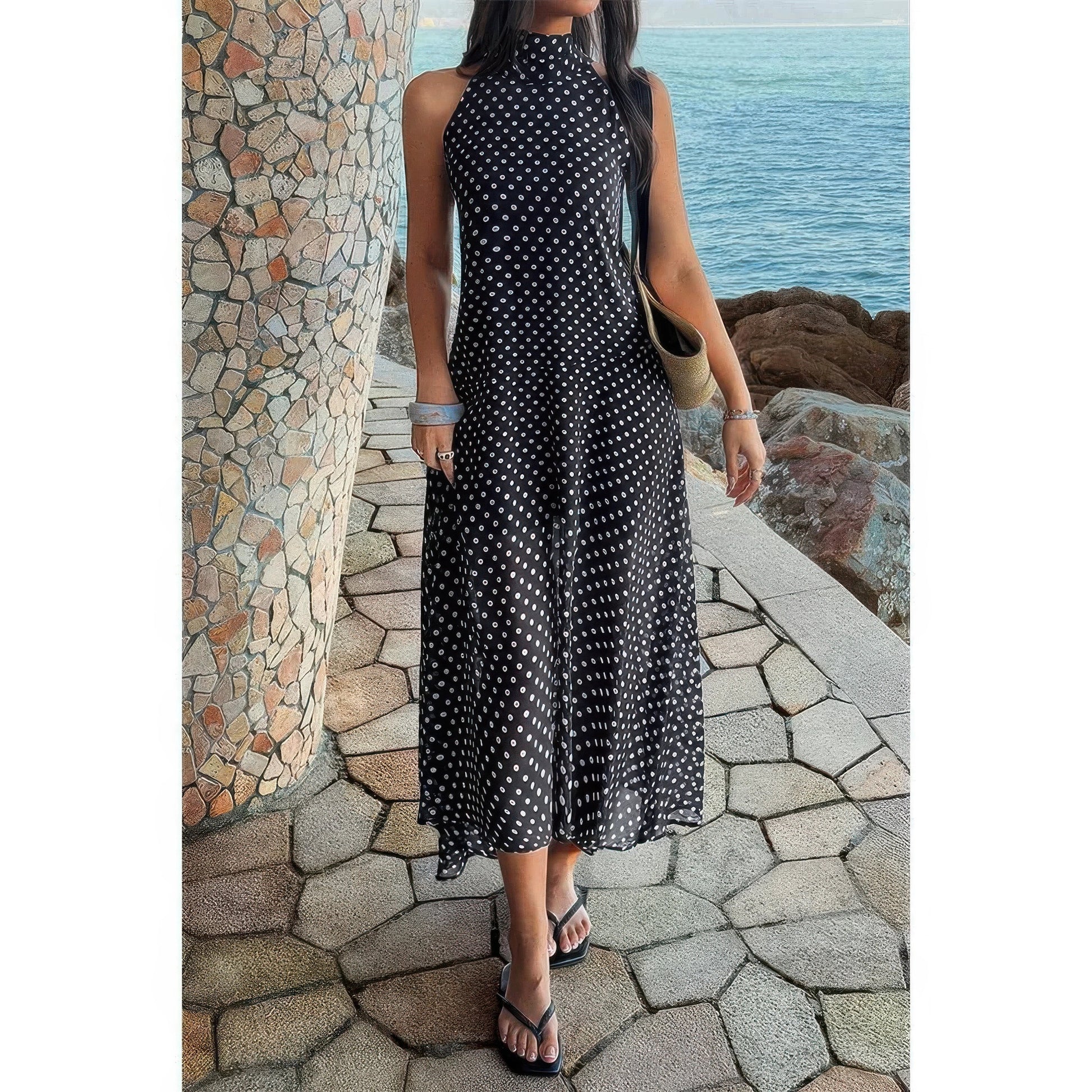 Halter Polka Dot Back Knot Tulle Dress in Black view 4 - Polo Halter Dress