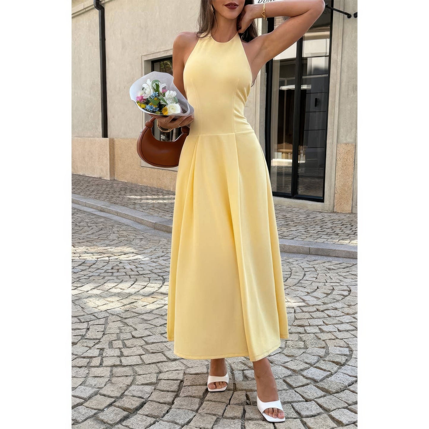 Halter Solid Dropped Hem Midi Dress in Yellow - Halter Dress Solid Color