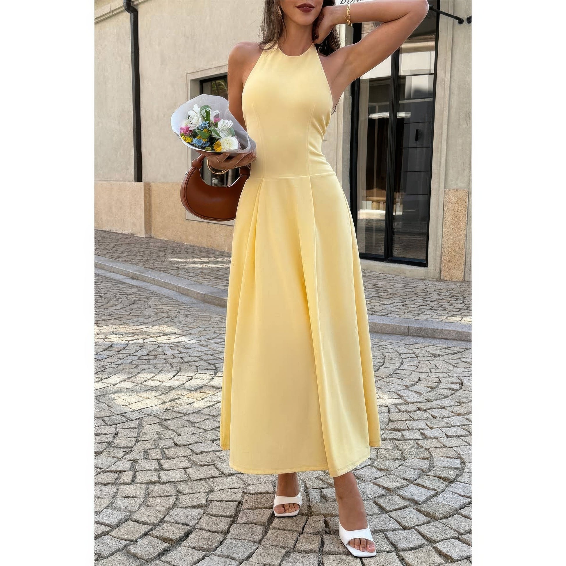 Halter Solid Dropped Hem Midi Dress in Yellow - Halter Dress Solid Color