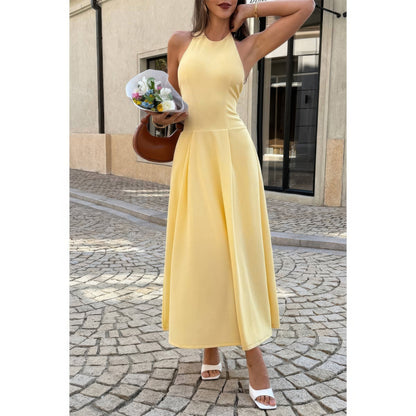 Halter Solid Dropped Hem Midi Dress in Yellow - Halter Dress Solid Color