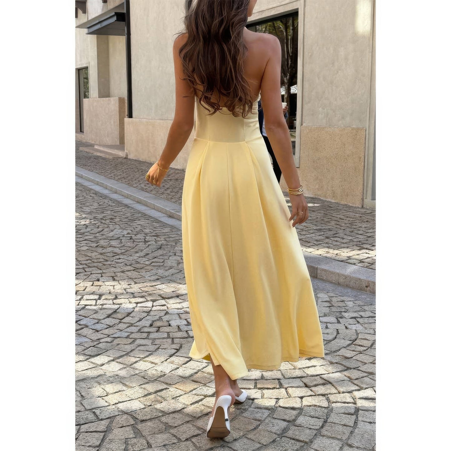 Halter Solid Dropped Hem Midi Dress in Yellow view 3 - Halter Dress Solid Color