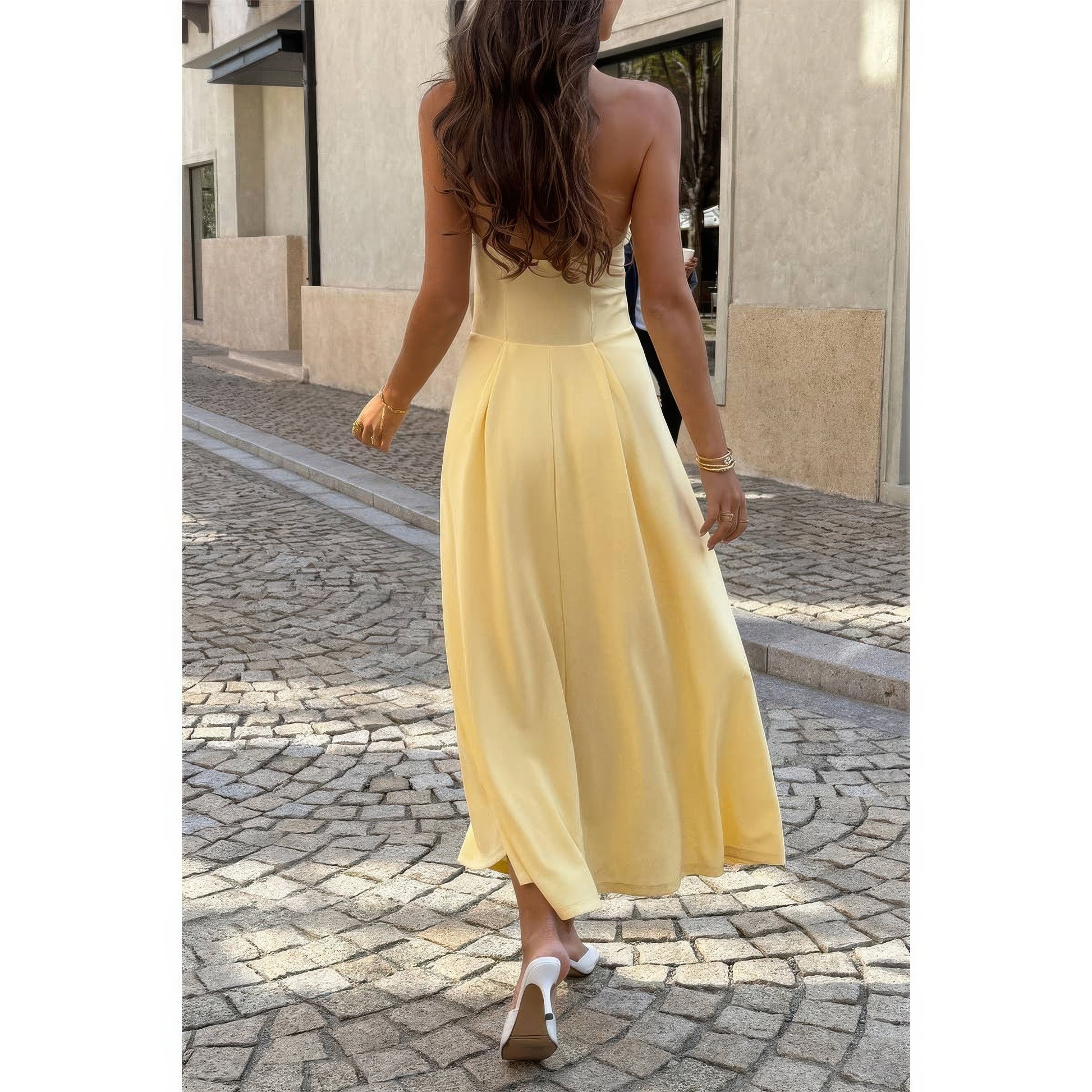 Halter Solid Dropped Hem Midi Dress in Yellow view 3 - Halter Dress Solid Color
