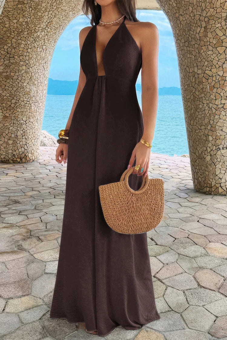 Halter Solid Hide Zipper a Line Maxi Dress Brown view 3 (dress) - halter dress solid color, halter neck - shop at us.meeeshop