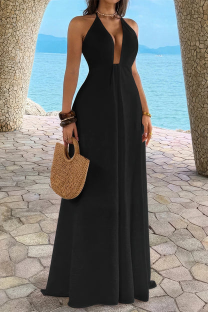 Halter Solid Hide Zipper a Line Maxi Dress in Black view 11 - Halter Dress Solid Color