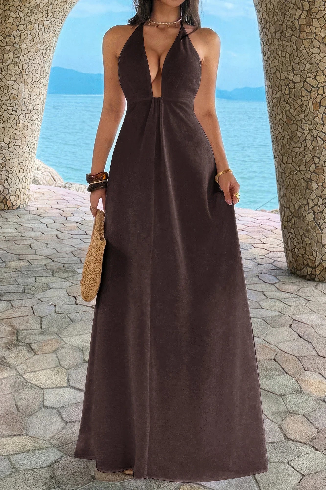 Halter Solid Hide Zipper a Line Maxi Dress in Brown - Halter Dress Solid Color