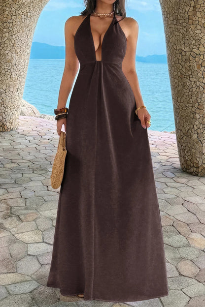Halter Solid Hide Zipper a Line Maxi Dress in Brown - Halter Dress Solid Color