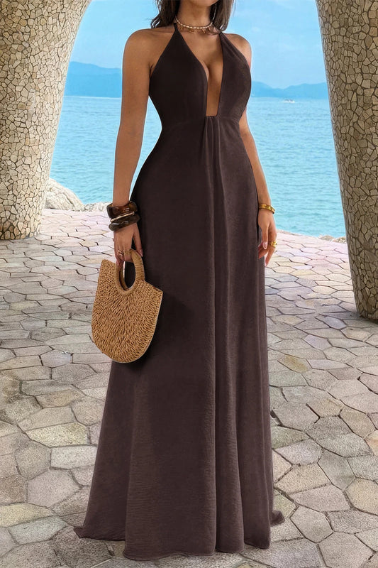 Halter Solid Hide Zipper a Line Maxi Dress in Brown view 2 - Halter Dress Solid Color