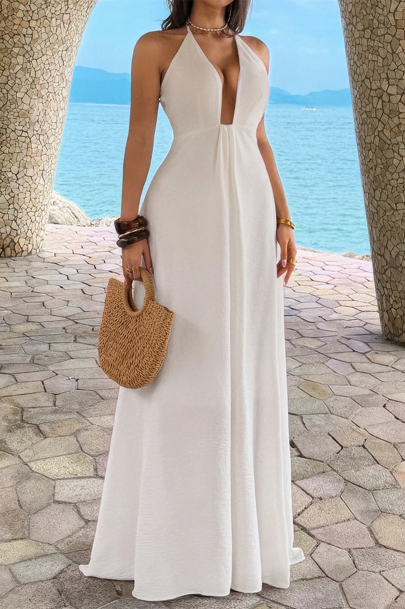 Halter Solid Hide Zipper a Line Maxi Dress in Wine view 6 - Halter Dress Solid Color