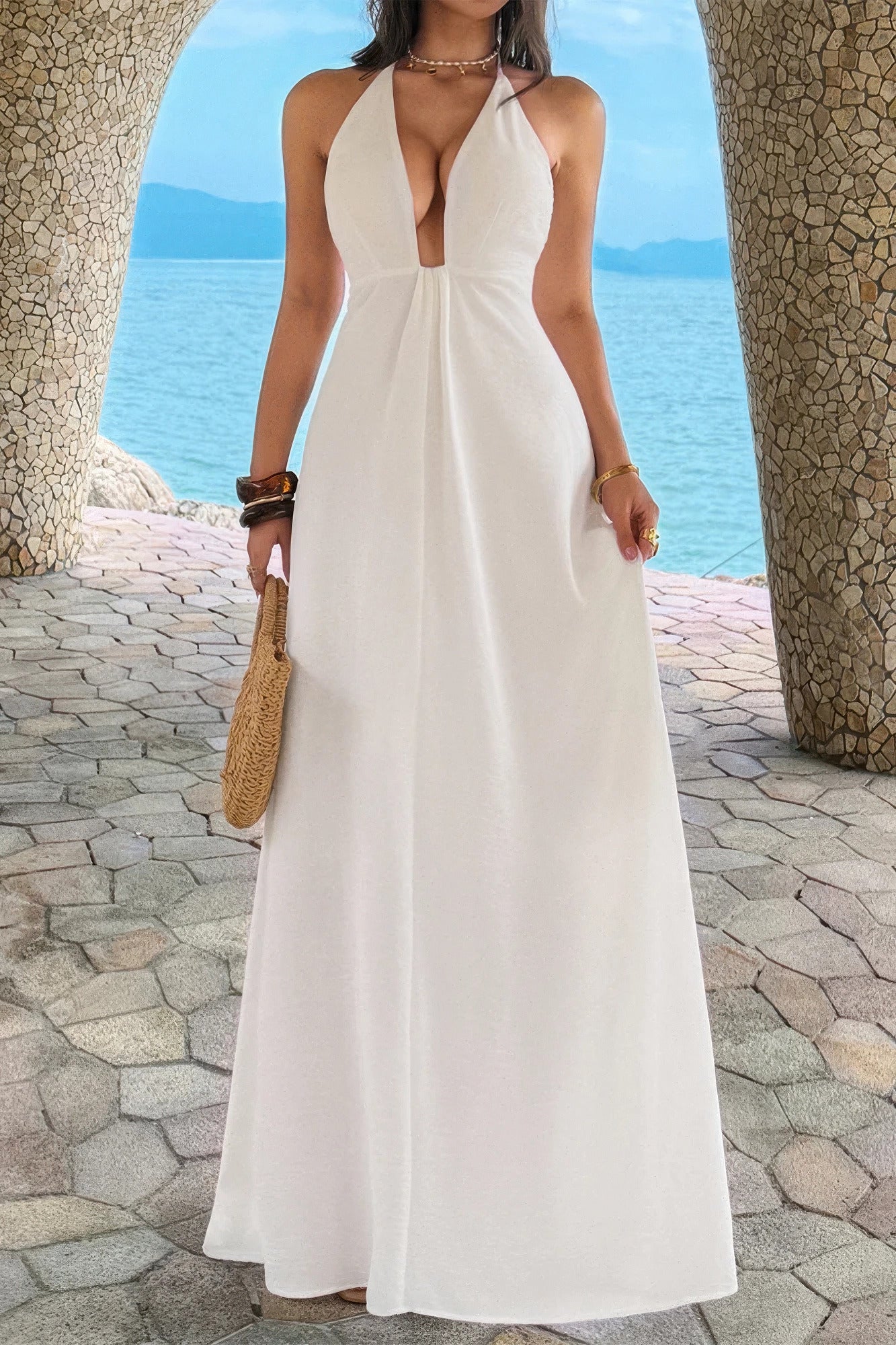 Halter Solid Hide Zipper a Line Maxi Dress in Wine view 7 - Halter Dress Solid Color