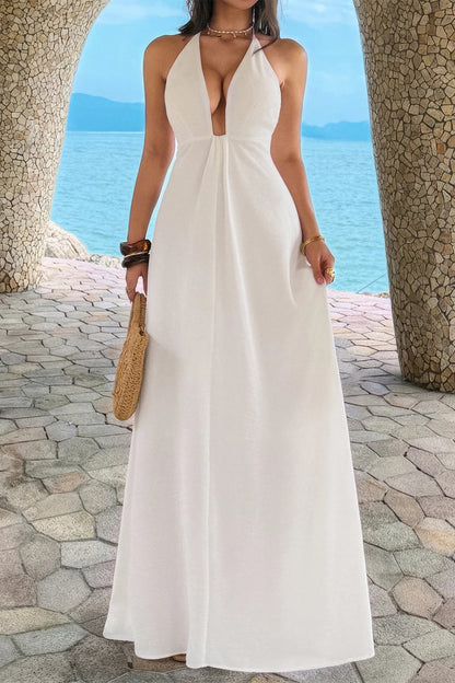 Halter Solid Hide Zipper a Line Maxi Dress in Wine view 7 - Halter Dress Solid Color
