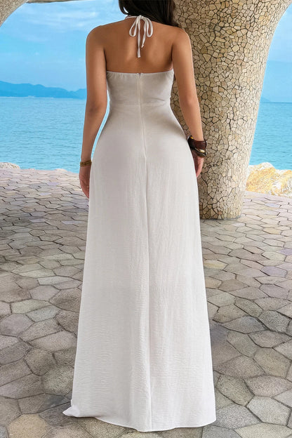 Halter Solid Hide Zipper a Line Maxi Dress in Wine view 8 - Halter Dress Solid Color