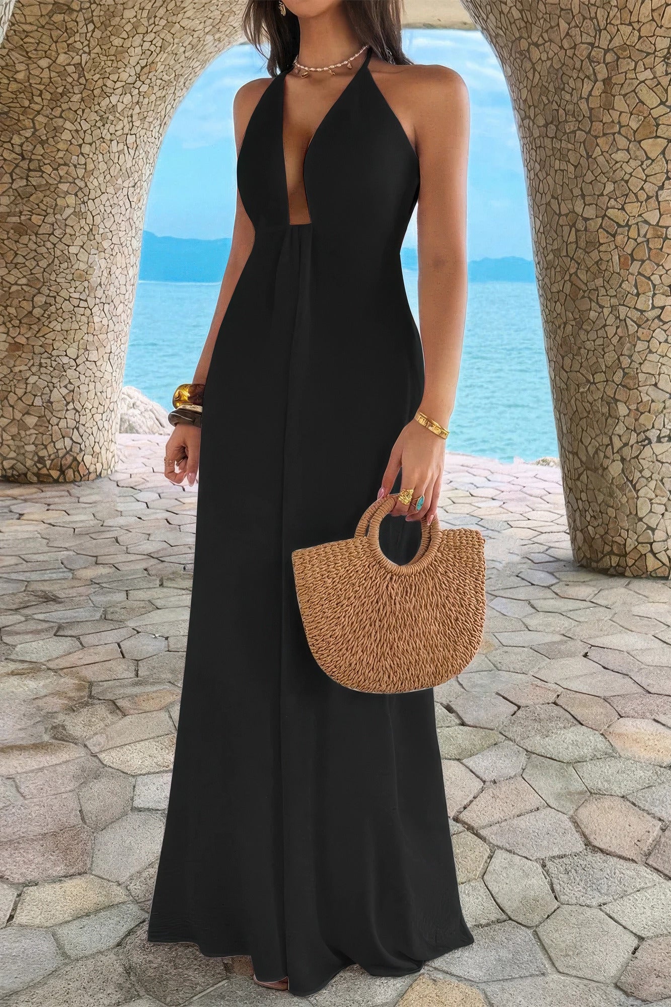 Halter Solid Hide Zipper a Line Maxi Dress view 14 - Halter Dress Solid Color