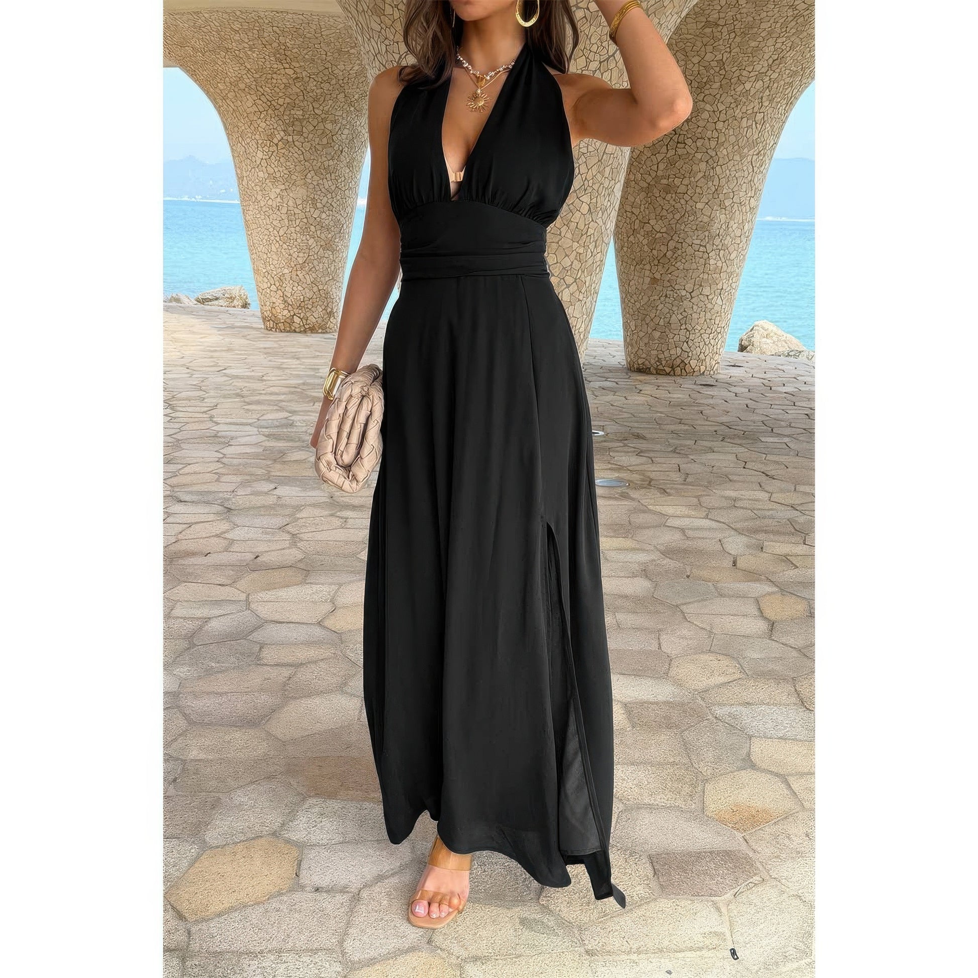 Halter V Neck Solid High Slit Bow Tie Maxi Dress in Dark Blue view 2 - Halter Dress Solid Color