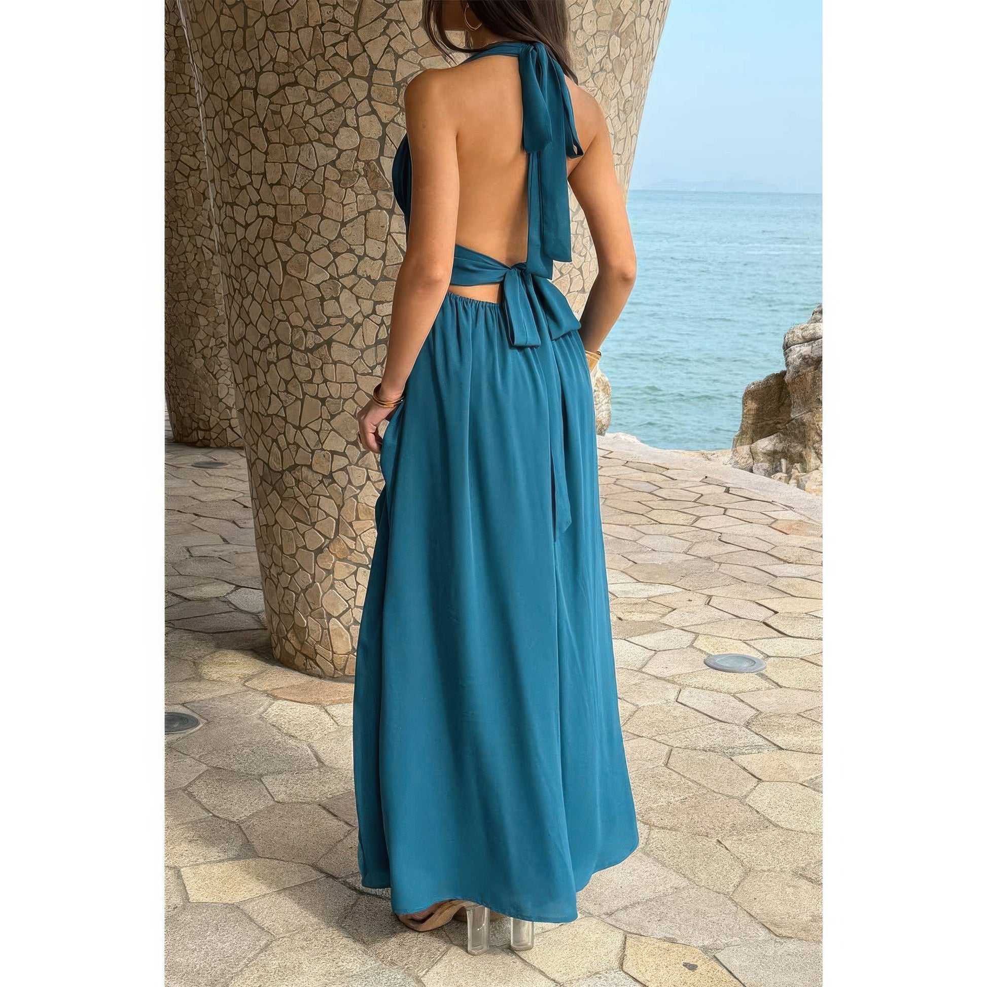 Halter V Neck Solid High Slit Bow Tie Maxi Dress in Green view 9 - Halter Dress Solid Color