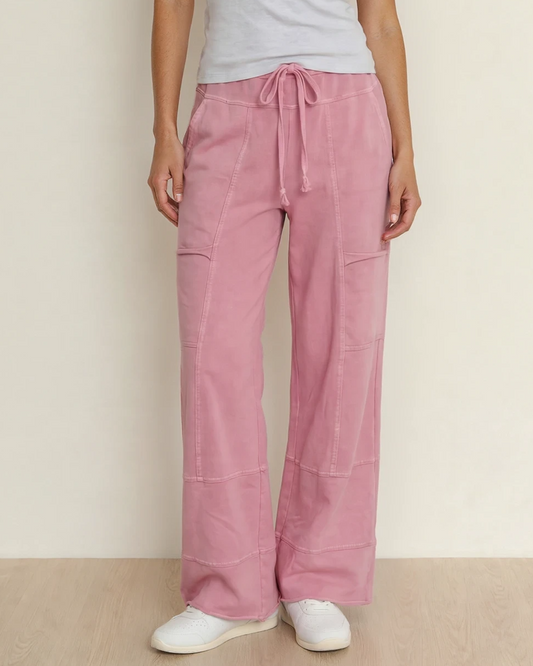 Hannah Mineral Wash Exposed Seam Wide Leg Cargo Pants - Bonbon in Bonbon view 2 - Pants Bonbon (bottom)