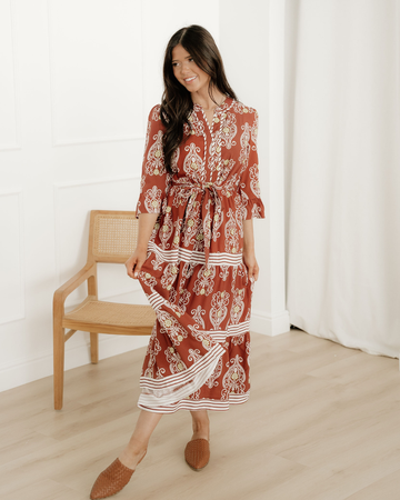 Harmony Floral Print Belted Striped Trim Tiered Maxi Dress in S - Harmony Floral Maxi Dress