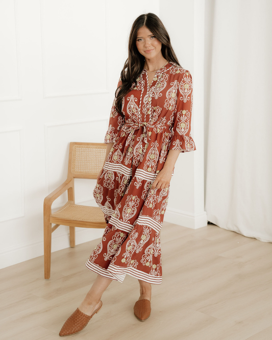 harmony floral print Harmony Floral Print Belted Striped Trim Tiered Maxi Dress view 2 (dress) - shop at us.meeeshop