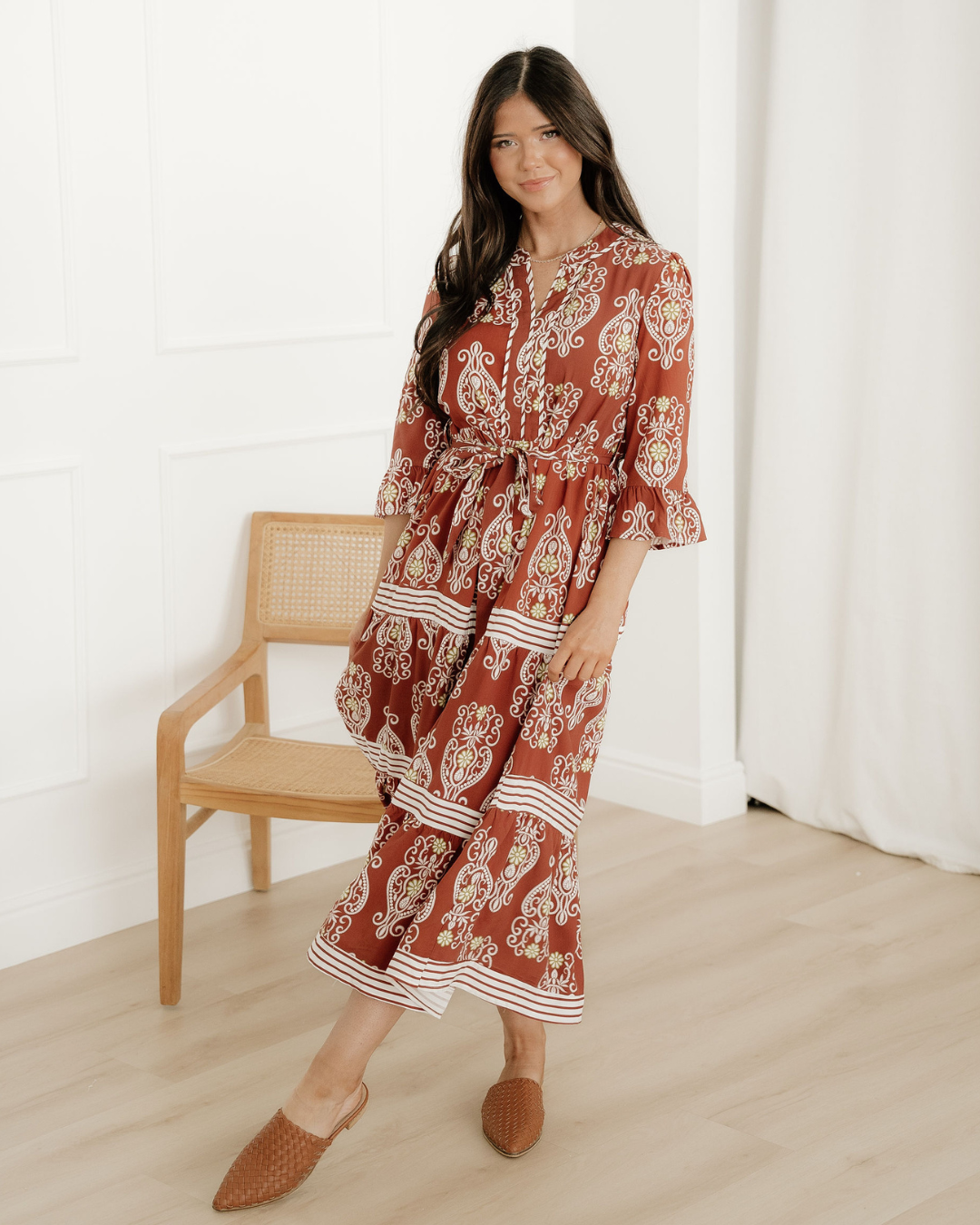 harmony floral print Harmony Floral Print Belted Striped Trim Tiered Maxi Dress view 2 (dress) - shop at us.meeeshop