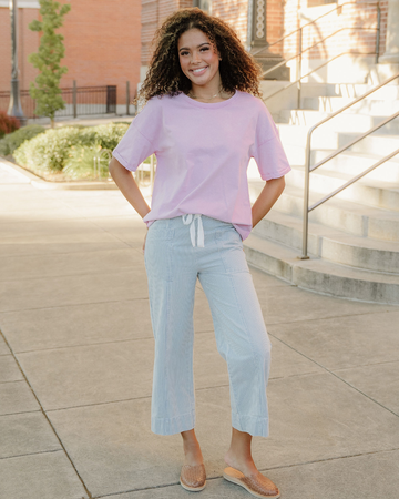 Hayden Blue Stripe Mid Rise Drawstring Waist Jeans in Sky Blue Stripe view 2 (bottom)