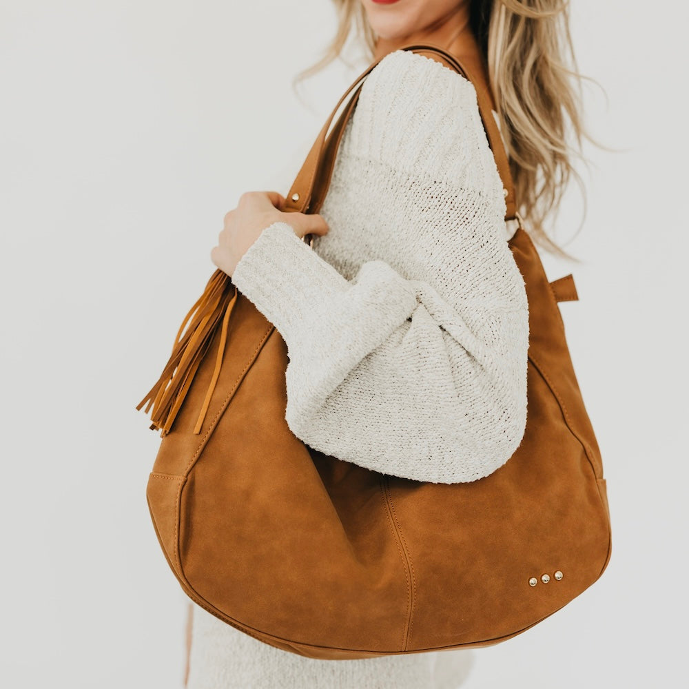 Hazel Hobo Shoulder Bag with Tassel in Chocolate Suede - Hazel Hobo Bag Charles And Keith