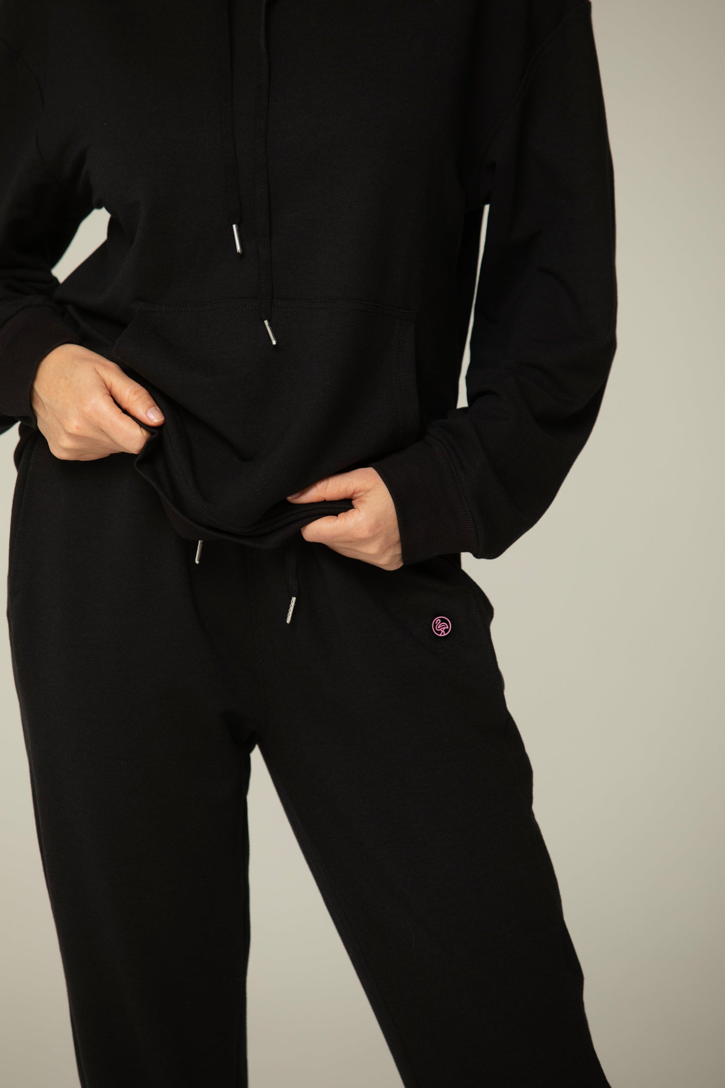 Helloday.us Luna Relaxed Fit Hoodie for Women – Soft Cotton Blend Athleisure Sweatshirt with Kangaroo Pocket in BLACK view 6