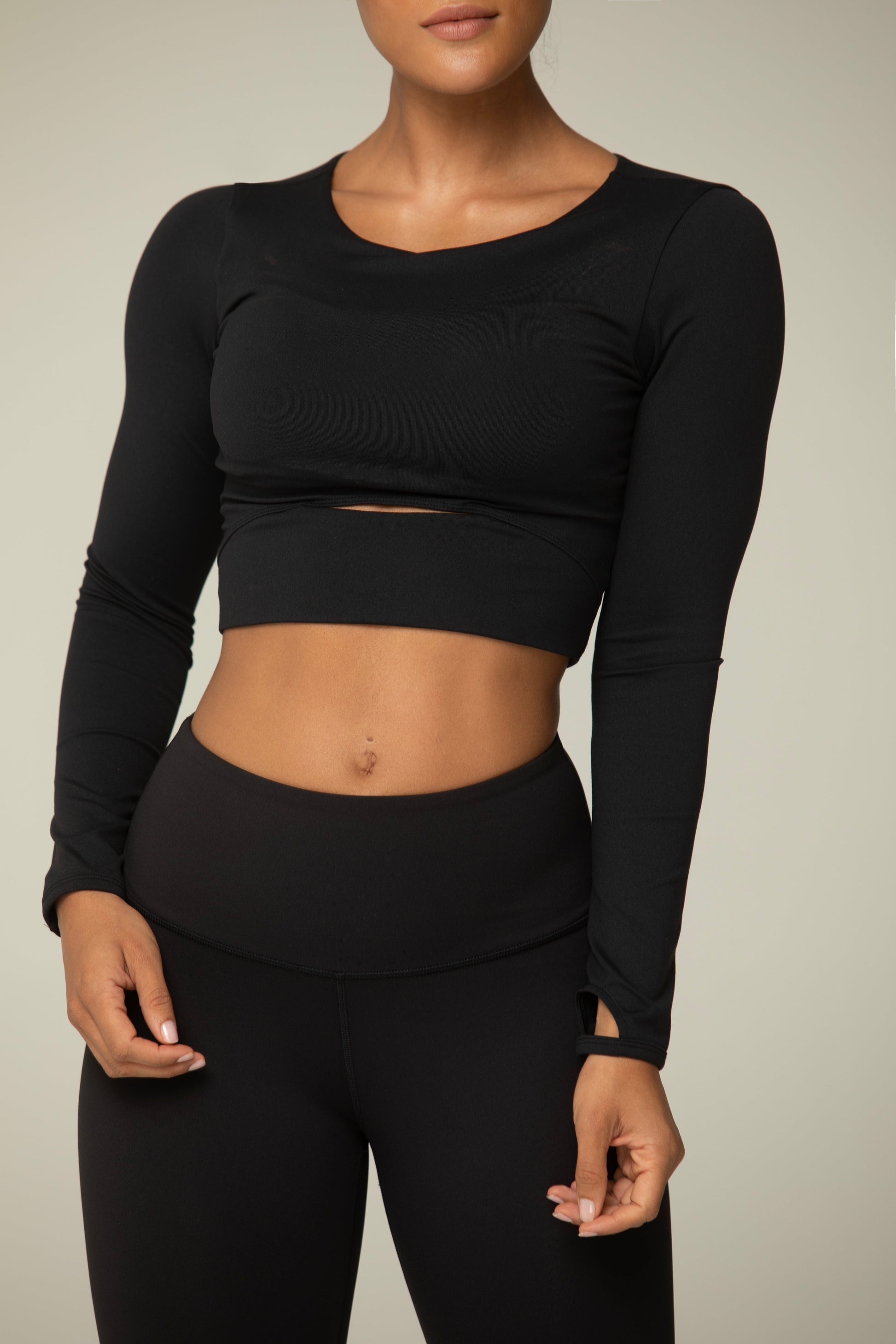 Helloday.us Mid-slit Long Sleeve Crop Top for Women – Thumbhole Activewear Shirt, Stretch Workout Top in BLACK view 4 - Comfo