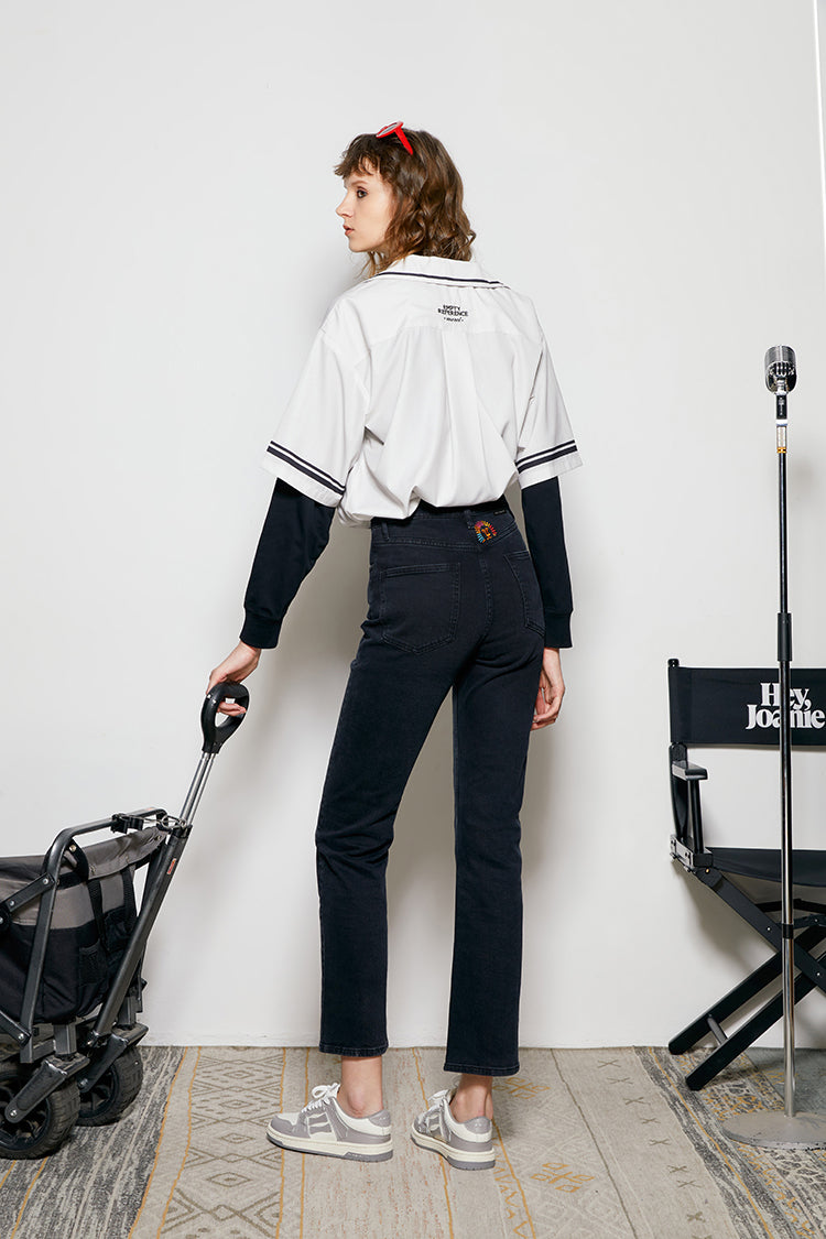 Hey Joanie Activity Grrrl High Rise Kick Crop Jeans in Once in Lifetime (embroidered) view 14 - High-Waisted (bottom)