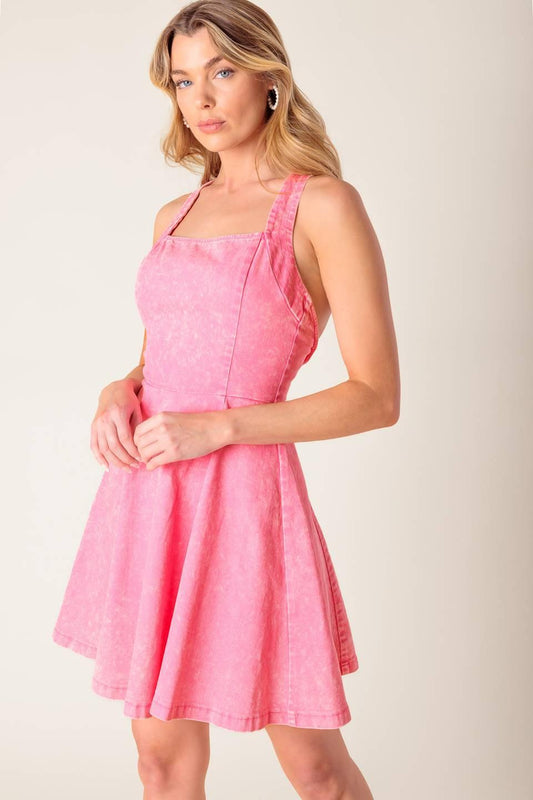 Hibiscus Hideaway Woven Mini Dress in PINK ACID - Hibiscus Hawaiian Dress