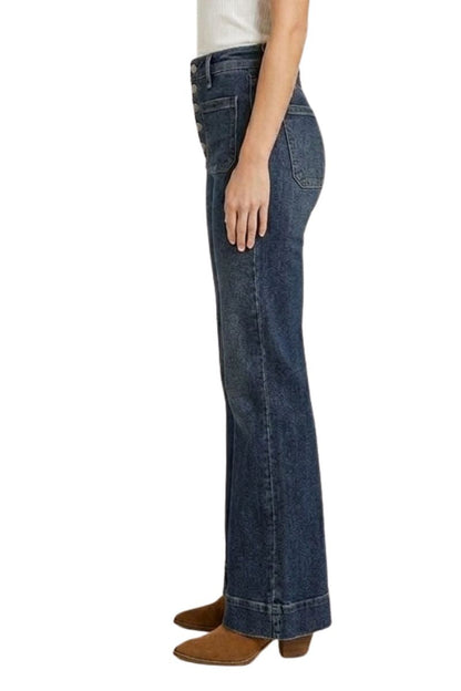 High Rise Front Patch Pocket Holly Flare Jeans in Dark wash view 3 - High-Waisted - High Rise Jeans Women (bottom)