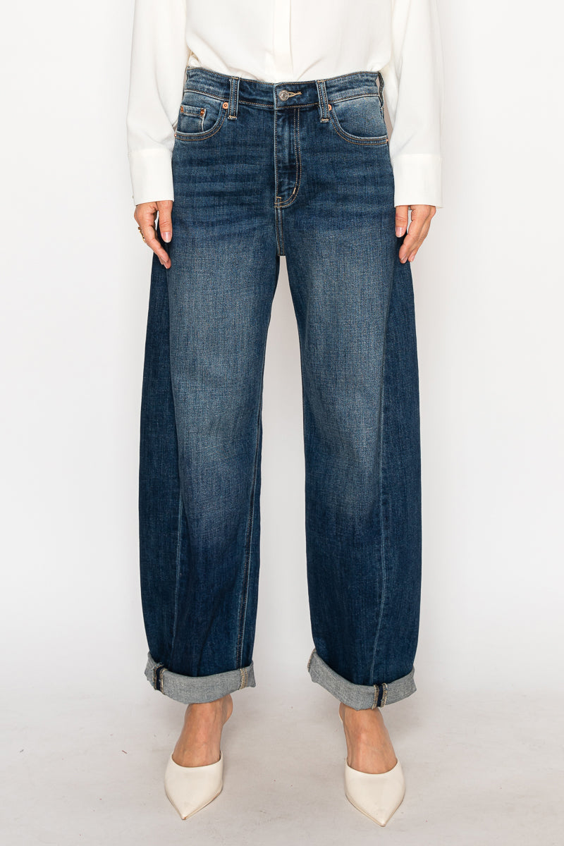 High Rise Relaxed Tapered Dark Wash Barrel Jeans in 1 (24) - High-Waisted - High Rise Jeans Women (bottom)