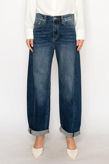 High Rise Relaxed Tapered Dark Wash Barrel Jeans in 1 (24) - High-Waisted - High Rise Jeans Women (bottom)