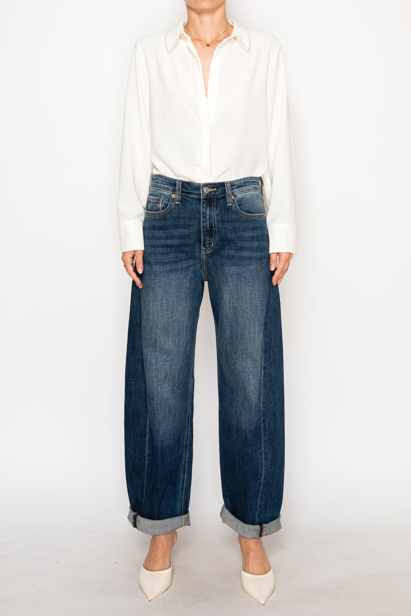 High Rise Relaxed Tapered Dark Wash Barrel Jeans in 7 (27) view 4 - High-Waisted - High Rise Jeans Women (bottom)