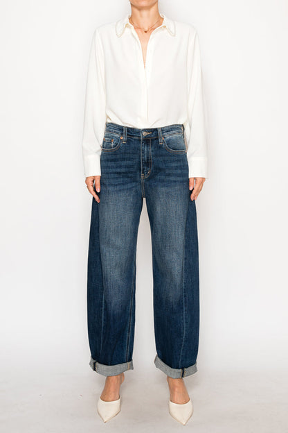 High Rise Relaxed Tapered Dark Wash Barrel Jeans in 7 (27) view 4 - High-Waisted - High Rise Jeans Women (bottom)