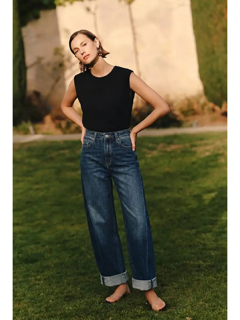 High Rise Relaxed Tapered Dark Wash Barrel Jeans view 9 - High-Waisted - High Rise Jeans Women (bottom)