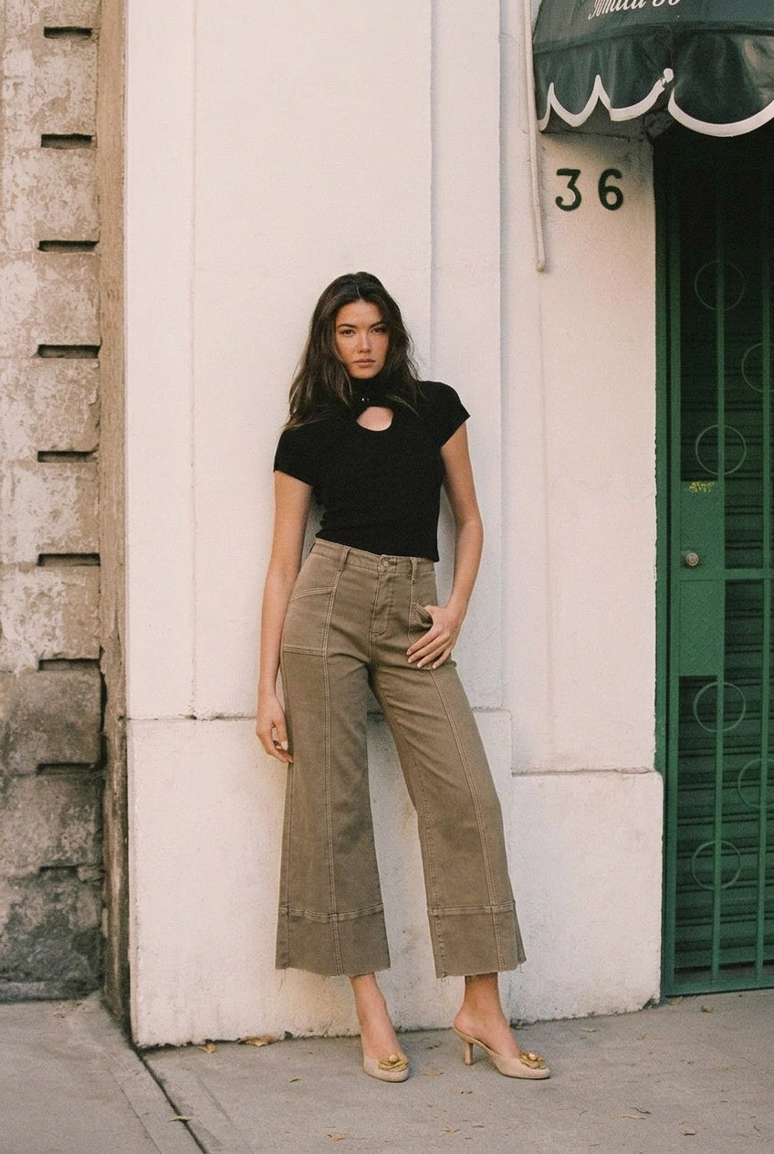 High Rise Slim Crop Palazzo in TAUPE - High-Waisted - High Rise Palazzo Pants (bottom)